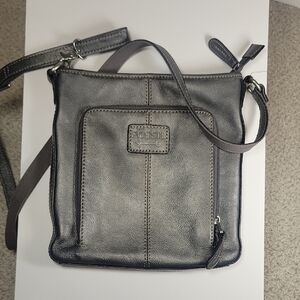 Fossil Metallic Silver Charcoal Leather Shoulder Crossbody Bag
